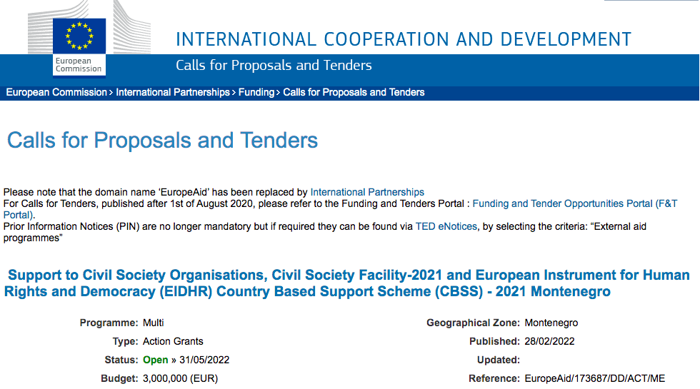 Support to Civil Society Organisations: Civil Society Facility-2021 and European Instrument for Human Rights and Democracy (EIDHR) Country Based Support Scheme (CBSS) – 2021 Montenegro